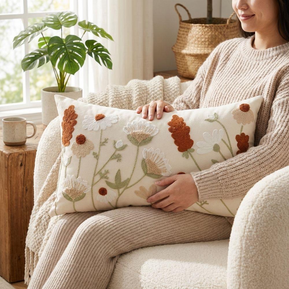 Pastoral Floral Tufted Throw Pillow Cover Canvas Throw Pillowcase  Home Decor