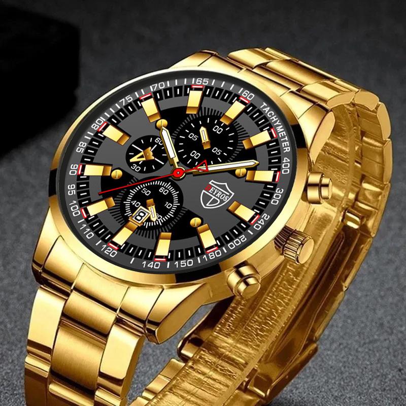 3PCS Men Fashion Sports Watches Luxury Gold Stainless Steel Wrist Watch for Mens Business Wristwatch Bracelet Necklace Set