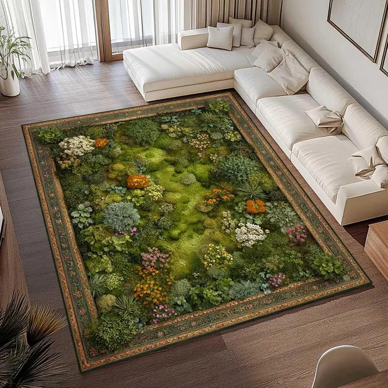 Wildflower Moss Rug Cottagecore Plant Mats Botanical Green Area Rug, Farmhouse Decor Washable Carpet Nature Lovers Decoration 40X60CM