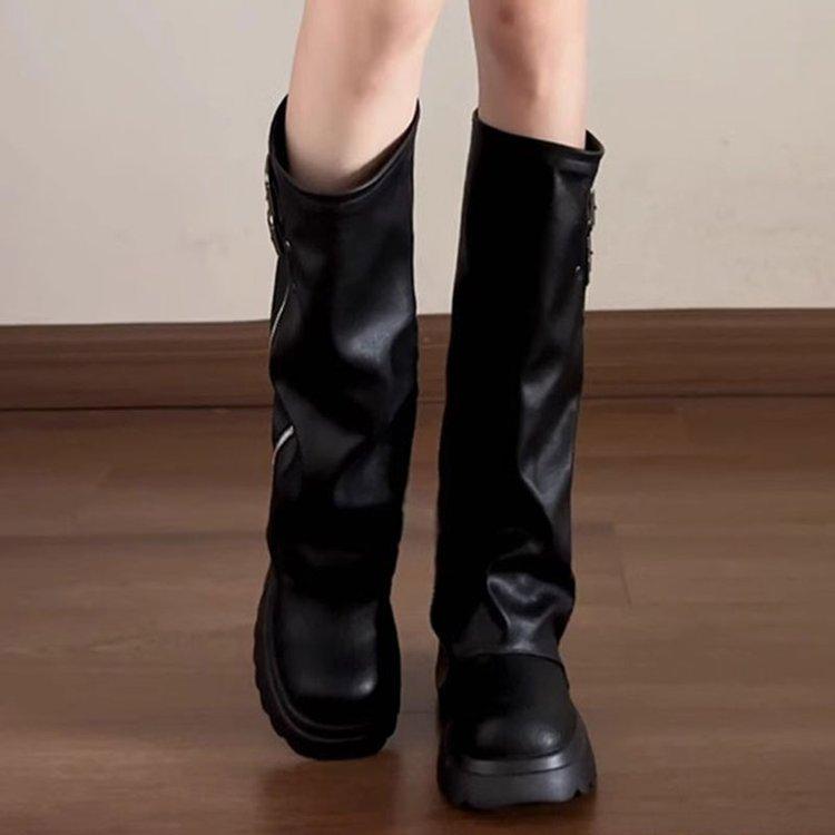 Big-headed trousers, stacked boots, women's autumn and winter thick-soled heightening, western boots, but knee boots, high boots