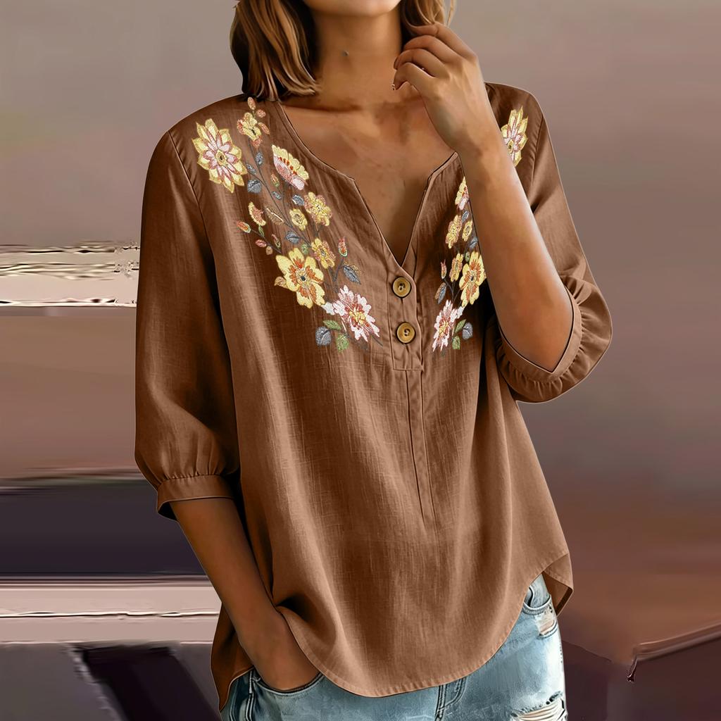 Women Floral Pattern Henley Neck Button Front Three Quarter Sleeve Linen Cotton Blend Shirt Casual Loose Fit Blouse