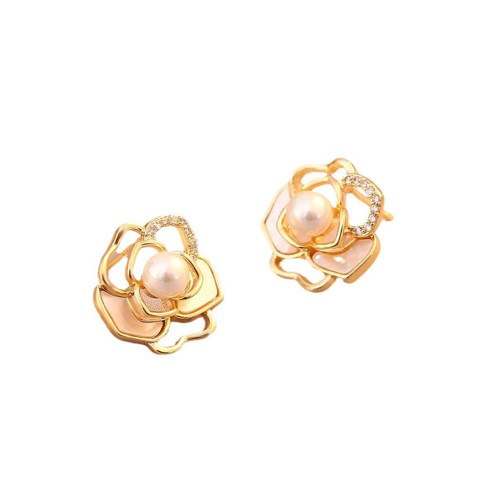 Camellia Mother-of-Pearl Drop Earrings, S925 Silver Studs for Women - High-End Luxury Design