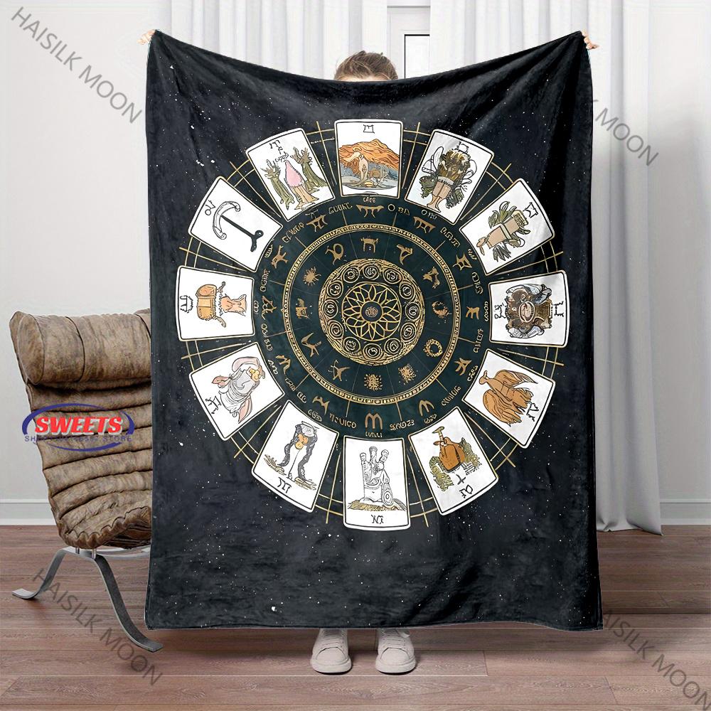 12 Zodiac Card Printed Blanket - Super Soft Bedding Divination Tarot Pattern Lightweight Home Four Season Throw & Shawl Blanket