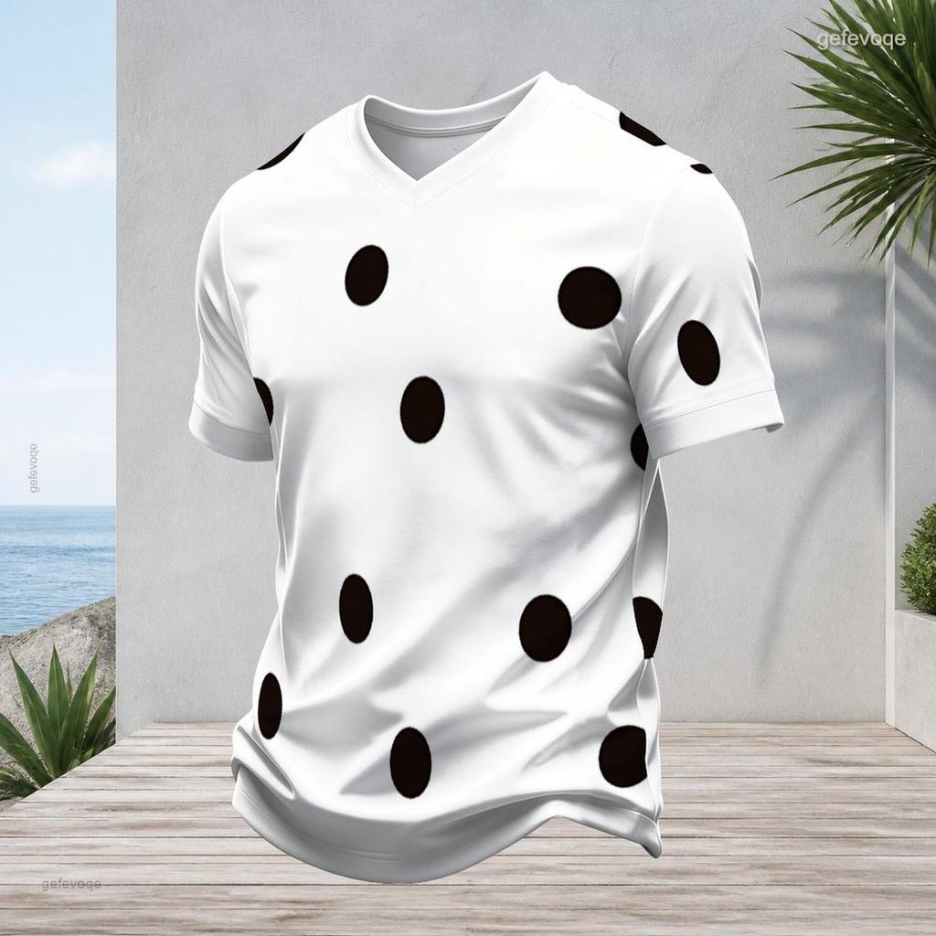 Men s Plus Size V Neck Short Sleeve White T Shirt Black Polka Dot Printed Pullover Straight Hem