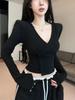 Spring 2026 Chic Spicy Girl Deep V-neck Long Sleeve Irregular Slim-fit Cropped Top for Women