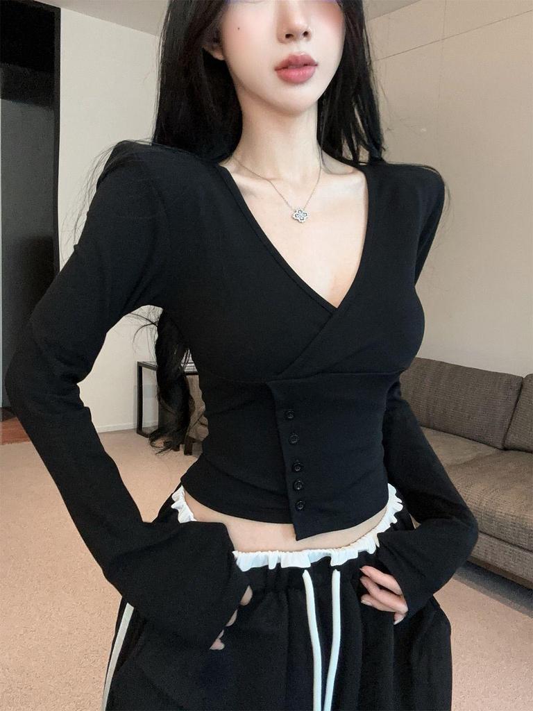 Spring 2026 Chic Spicy Girl Deep V-neck Long Sleeve Irregular Slim-fit Cropped Top for Women