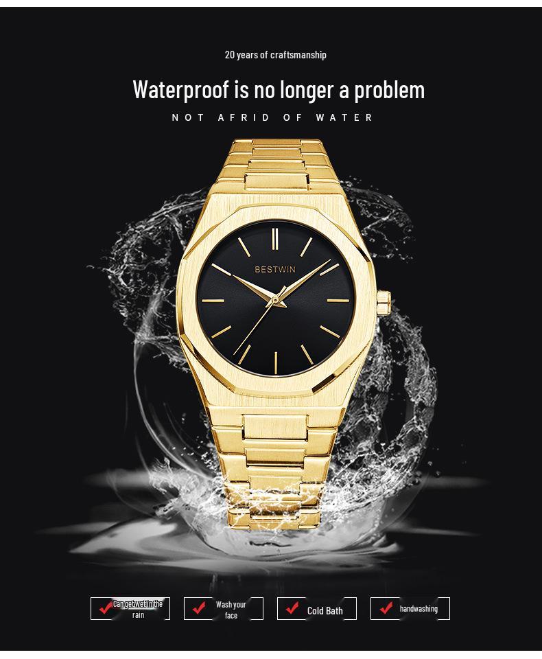 BESTWIN Men's Waterproof Quartz Watch with Butterfly Double Snap Closure