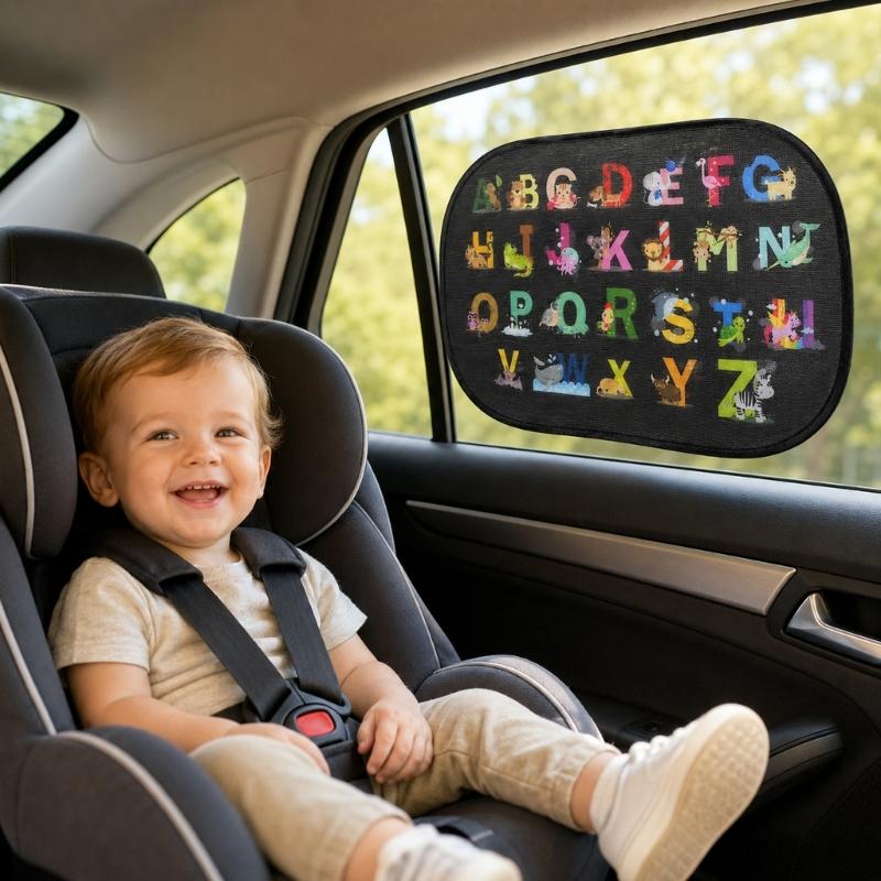 Toddler Car Window Side Glass Sun Shade Cover Pair with Suction Cups, PVC Cartoon Light Panel for Preschool School Runs and Daily Drives