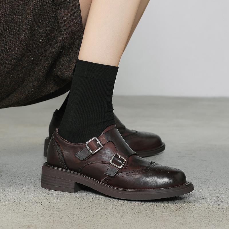 Fashion 2025 Autumn New Women's Shoes Genuine Leather Low-heel Casual Oxford Shoes Woman Block Buckle Loafers Vintage Footwear Pumps