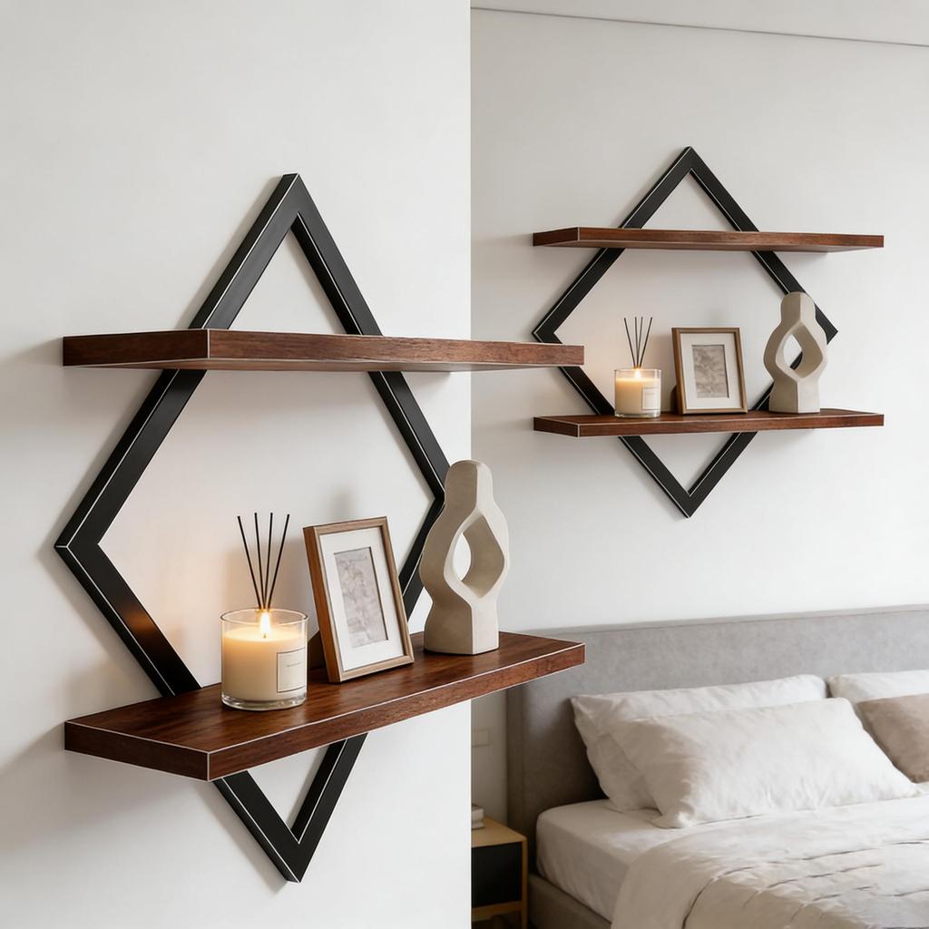 In-Stock Double Layer Iron & Wood Diamond Wall Shelf for Living Room/Bedroom