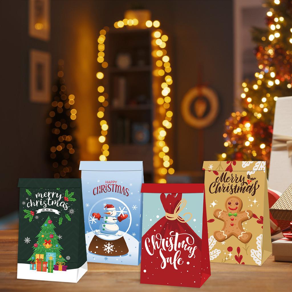 Decor Paper Christmas Bags With Santa Claus Gingerbread Man Print For Daily