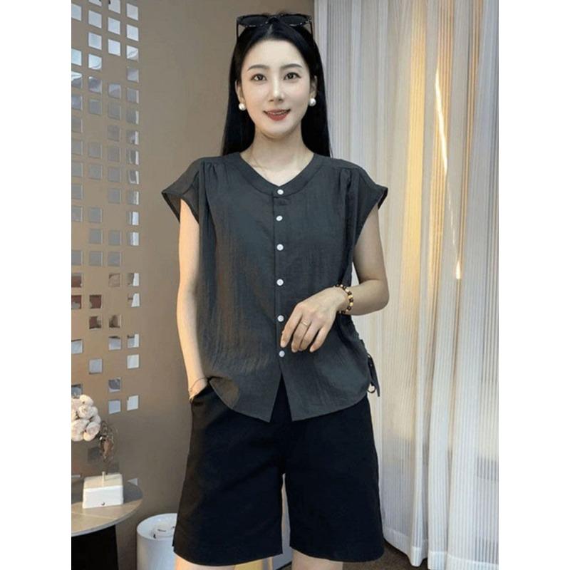 Women s Brown Linen Blend Sleeveless Blouse Button-front Casual Loose Top L