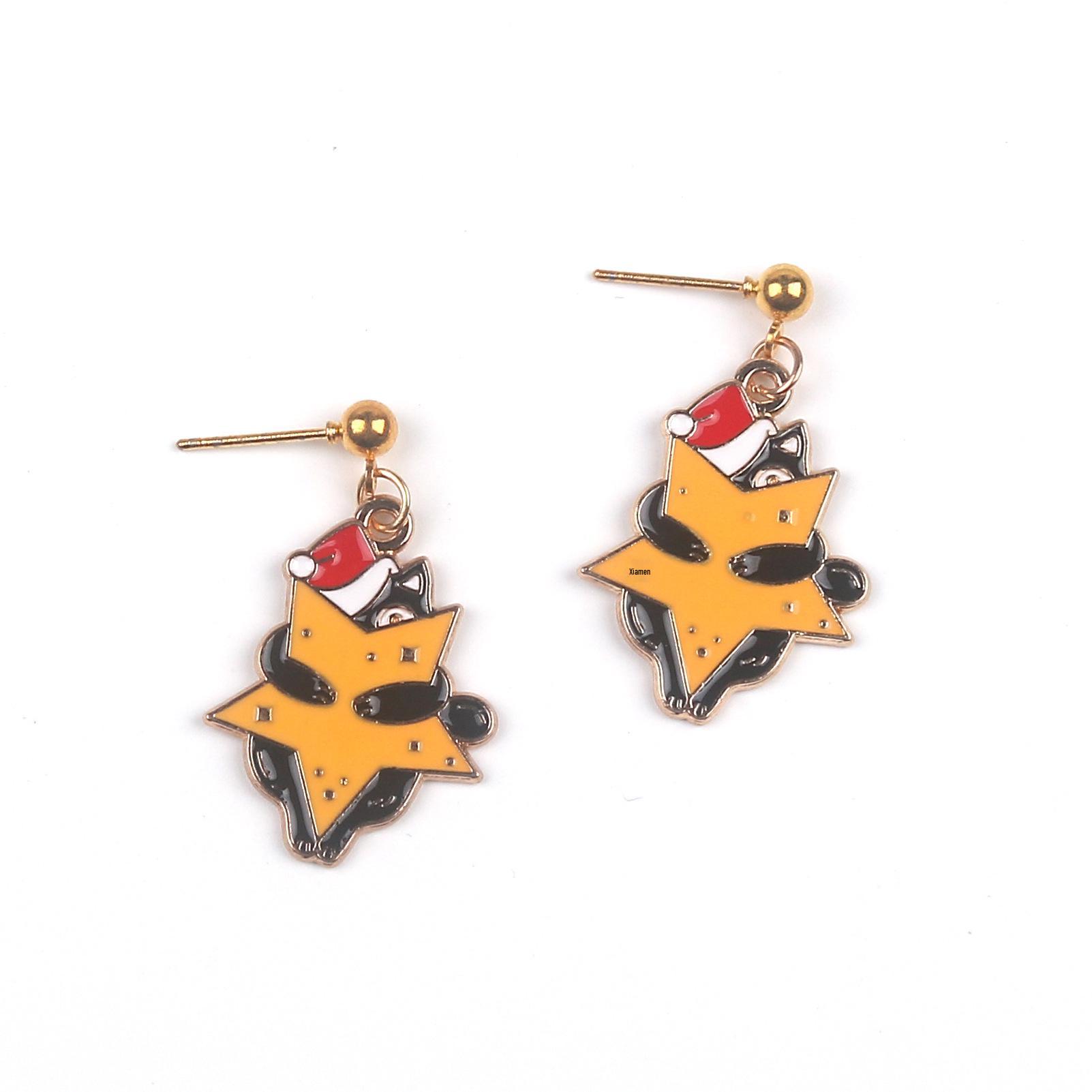 

Black Cat and Snowflake Christmas Earrings - Festive Alloy Drop Oil Ornaments Gold Plated