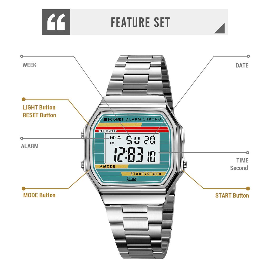 SKMEI 2514 Fashion Casual Men's Digital Watch Steel Strap Waterproof Small Square Dial Multifunction Male Electronic Clock Gift