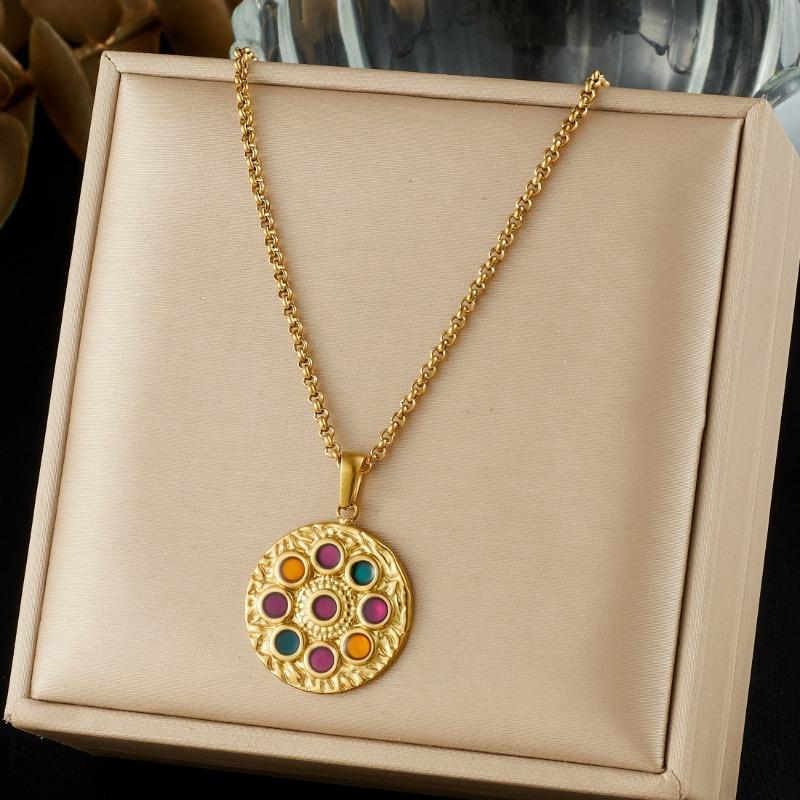 Gold Plated Stainless Steel Colorful Stone Round Pendant Necklace for Women
