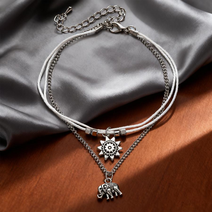 High-quality hypoallergenic bohemian style vintage silver-tone elephant and sun multi-layer anklet for summer beach wear pcs Trendy fashion