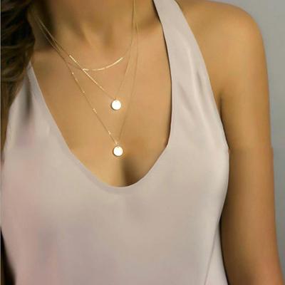 Layered Chain Necklace Simple Pendant Necklace Female, Metal Geometric Sequins Multi-layer Necklace