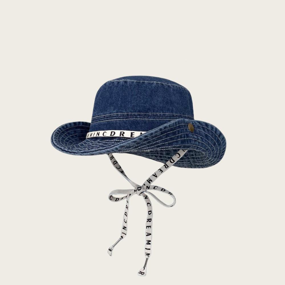 With Tie Belt Jeans Fisherman Hat Letter Sunscreen Hat Sweet Denim Bucket Hat  Travel