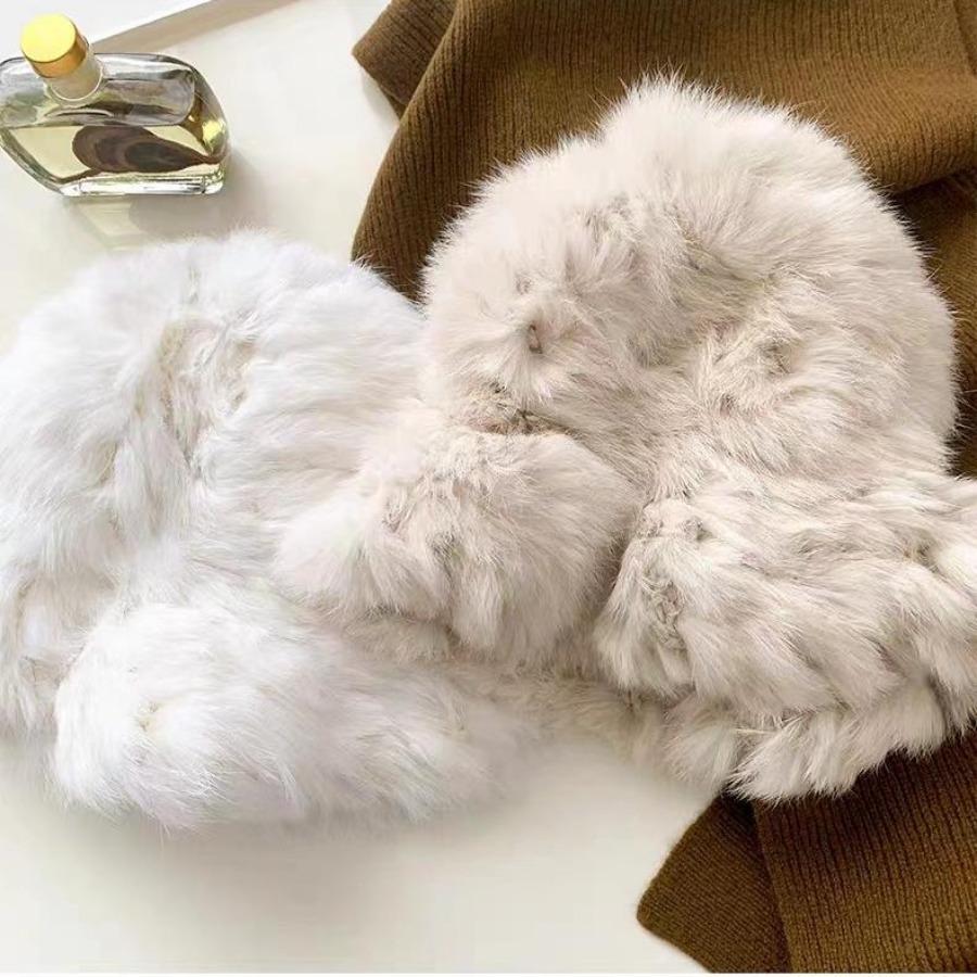 Stretch Rabbit Fur White Plush Hat for Women Autumn Winter Warm Ear Protection Woolen Hats Fur Knitted Caps