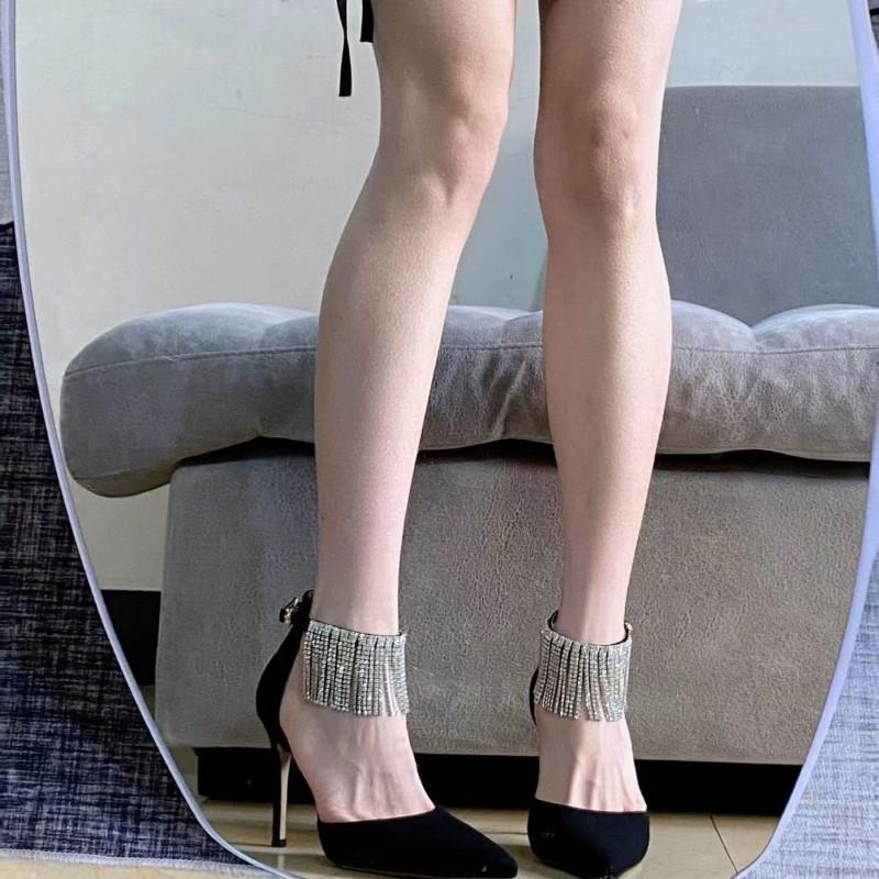 

Spring and Autumn new bag head sandals women s thin high heels sexy chain tassel one-word buckle single shoes pointed women s shoes 39