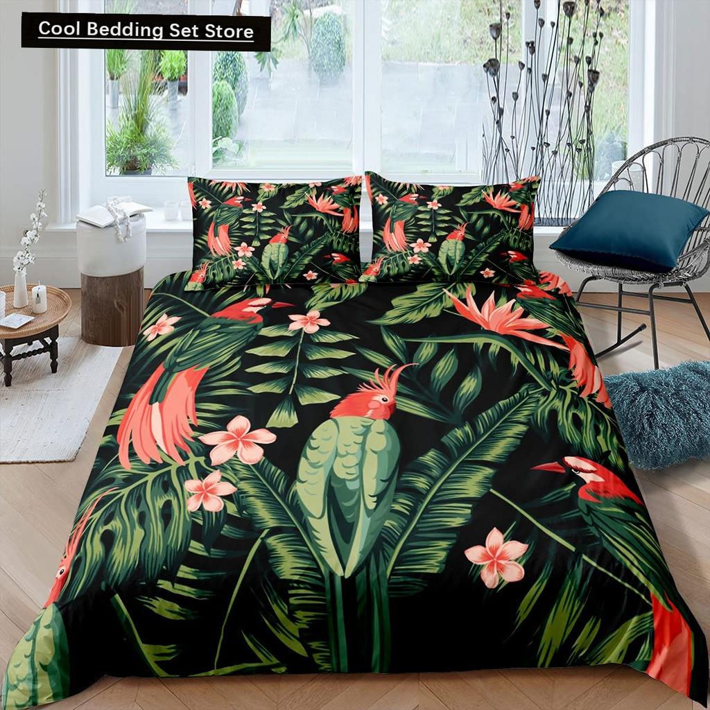 Parrot King Queen Duvet Cover Colourful Feather Bedding Set Rain Trees Bird Quilt Cover Sunset Mountain Natural Comforter Cover
