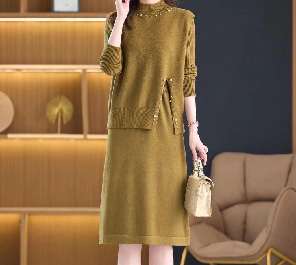 Beaded Knitted Two-Piece Mid-Length Dress - 2025 Autumn/Winter Korean Style