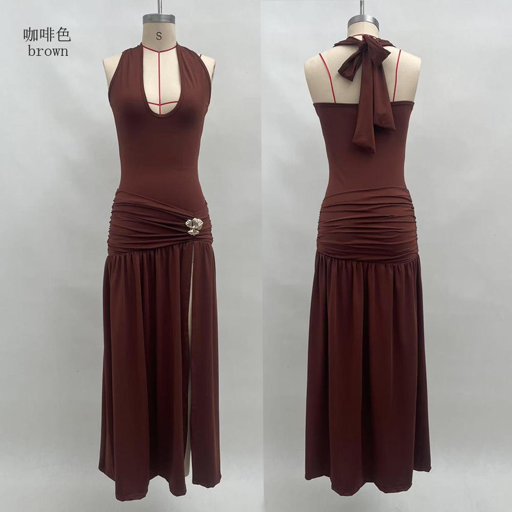 European and American women's clothing 2025 summer new neck halter slim fit solid color split dress sexy dress