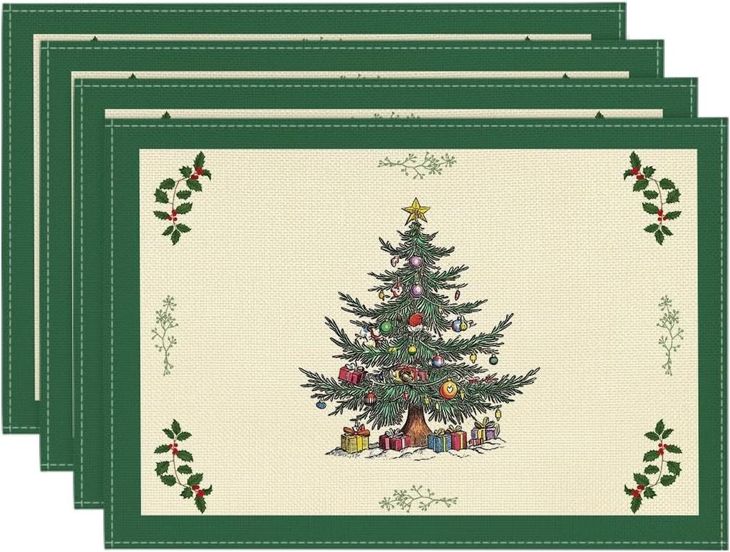 Christmas Tree Print Linen Placemats Bowls Plates Anti-slip Heat-insulating Mats Christmas Themed Table Mats for Home Decoration
