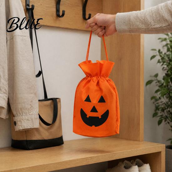 Portable Snack Bags for Halloween 5 Pcs Treats Bag Non-woven Fabric Pumpkin Candy Orange Black Goody Drawstring Goodie Party Favors Reusable