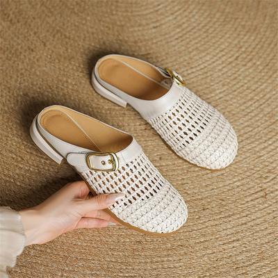 Mode Neue Sommer Hausschuhe Sommerschuhe Runde Zehen Niedrige Absätze Sandalen für Damen Mode Ausgehöhlt Spaltleder Hausschuhe Damenschuhe