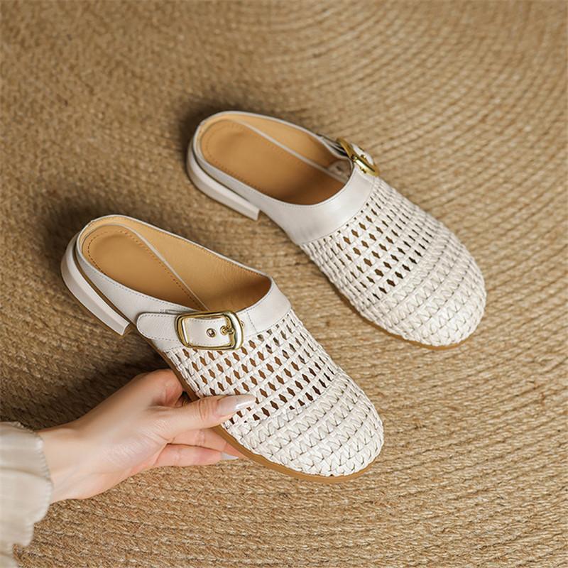 Fashion New Summer Slippers Summer Shoes Round Toe Low Heels Sandals for Women Fashion Hollow Out Split Leather Slippers Ladies Shoes