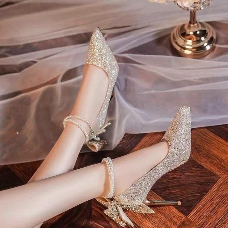 Fashion Women Pumps Pointy Shallow Mouth Elegant Sequin Bow High Heels Fine Heel Pearl Single Shoes Women Wedding Bride Heels Women
