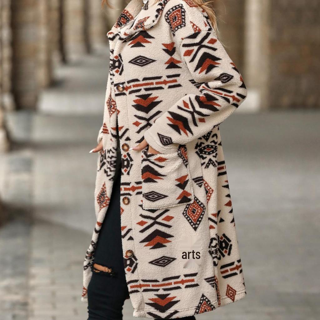 2023 Velvet Ethnic-Style Single-Breasted Long Plush Coat for Women - Autumn/Winter European & American Fashion