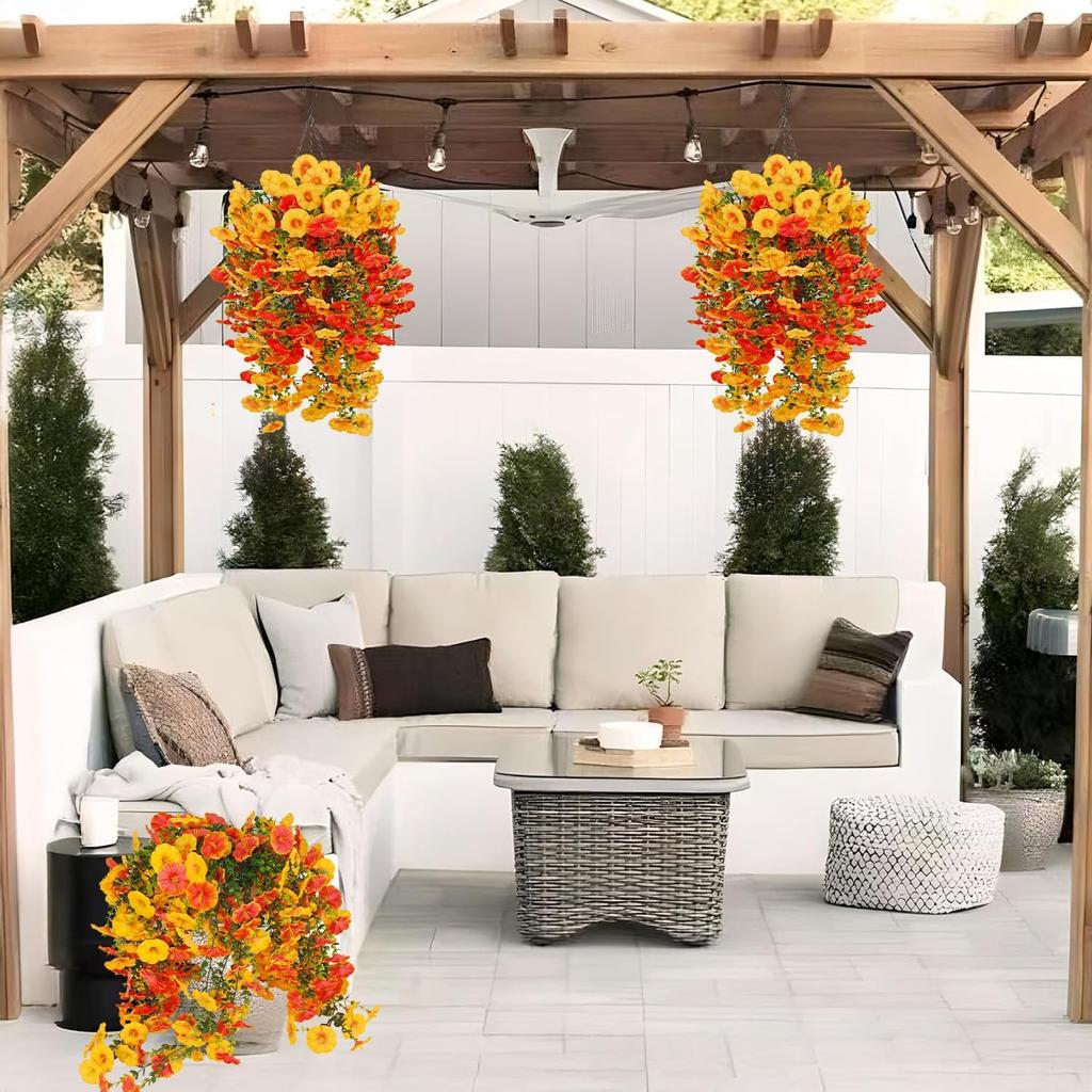 Künstliche Herbstblumen - Orange UV-beständige Seiden-Petunienblüten und Eukalyptusblätter Hängende Simulationspflanzen für Veranda, Terrasse, Blumenbeet