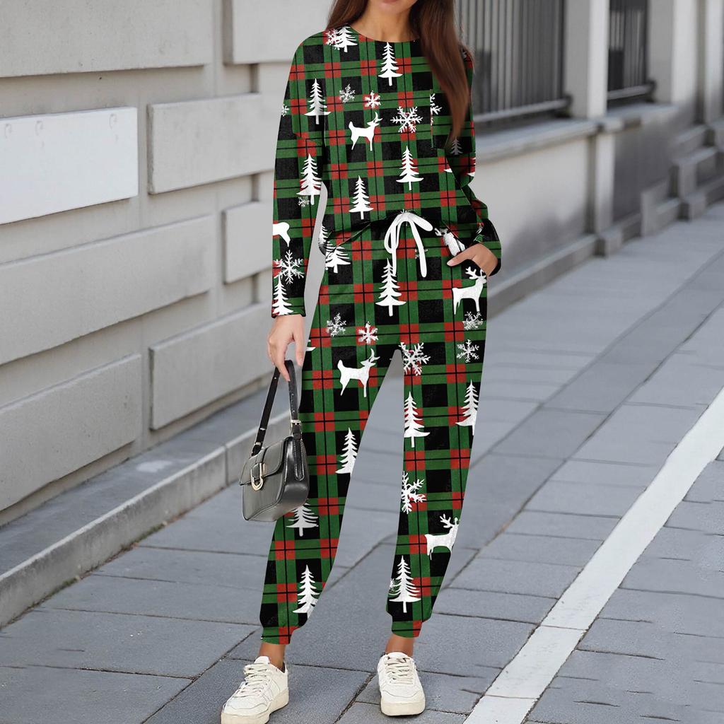 Sets For Women 2 Piece Round Neck Long Sleeve Shirts Printed Sweatpants Pocket Sets