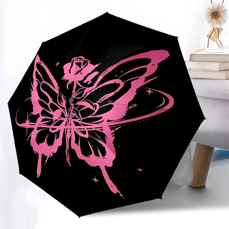 1pc Butterfly Rose Pattern Automatic Folding Umbrella - Compact 8-Rib Design, Durable Plastic & Iron, Lightweight for Outdoor Daily Use072