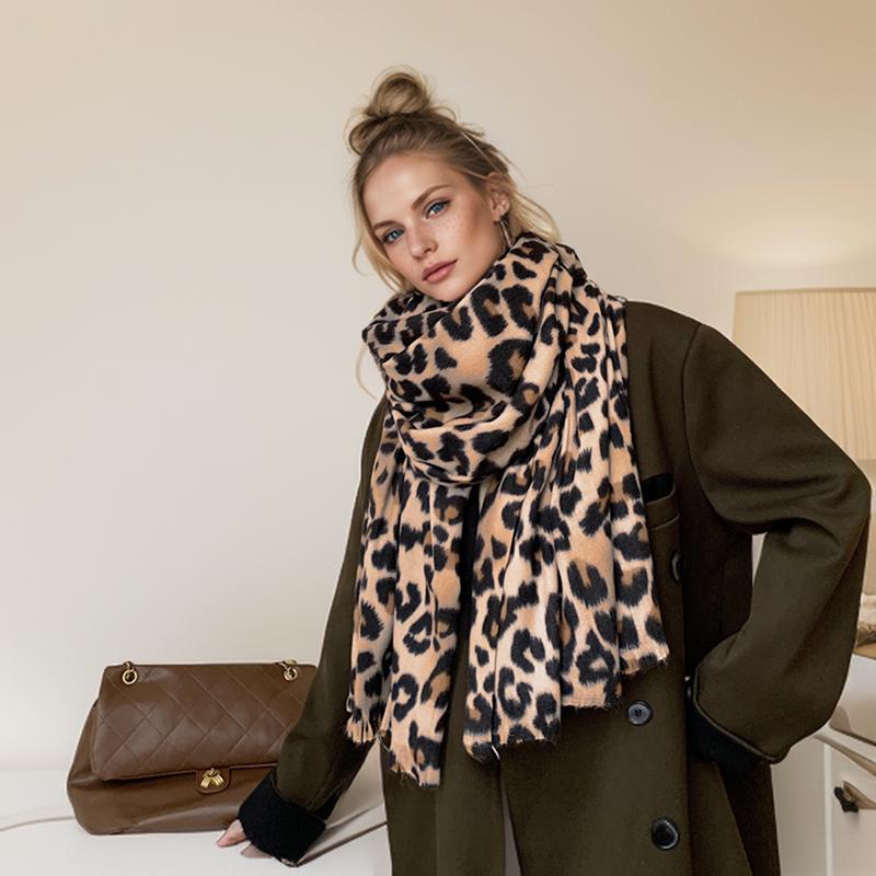 Printed Leopard Cashmere Scarf For Women Winter Shawl Windproof Protection Outdoor Keep Warm Scarves Wrap  210*80Cm