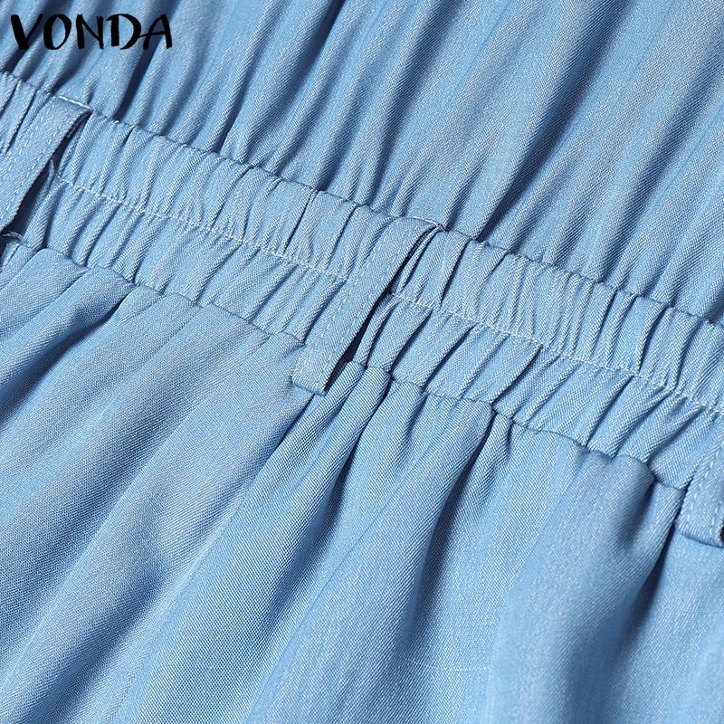 VONDA Women Summer Lapel Neck Sleeveless Buttons Elastic Waist Casual Jumpsuits Rompers