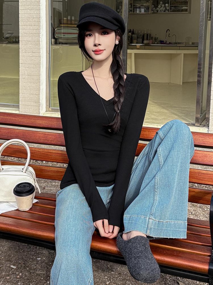 T-shirt Noir à Manches Longues et Col en V pour Femme avec Velours Intérieur, Collection Automne/Hiver 2025, Haut de Sous-vêtement Polyvalent