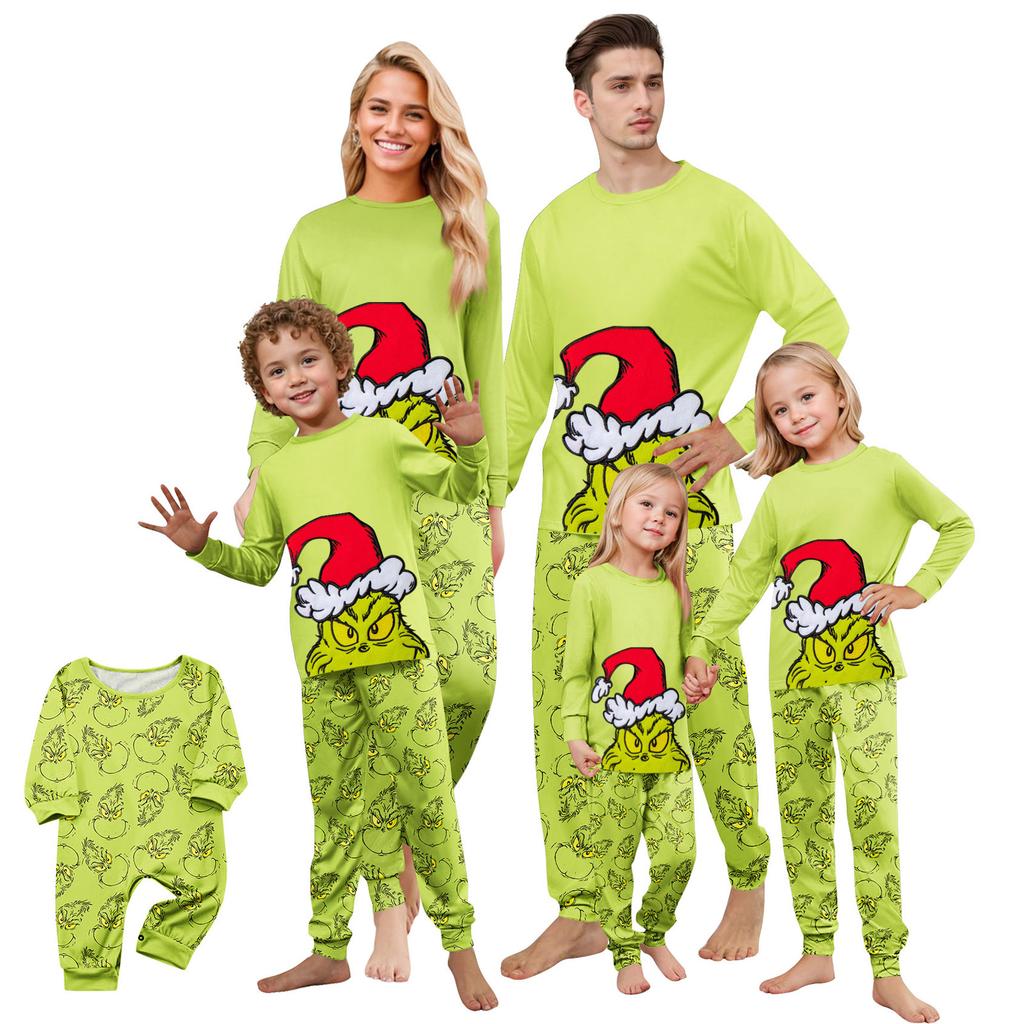 Family Matching Christmas Print Pajama Set Long Sleeve Round Neck Top and Pants Loungewear