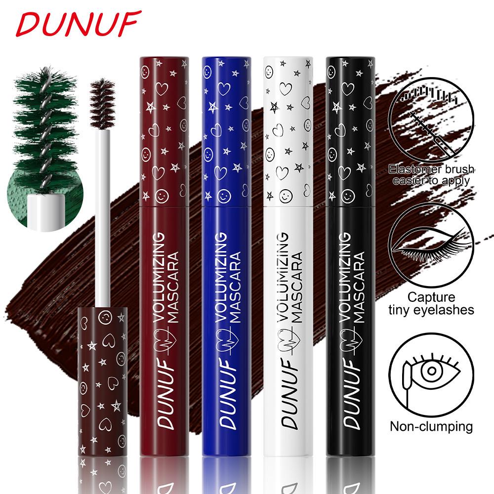 DUNUF Rainbow Mascara: Long-Lasting, Volumizing, and Curling in Blue, Purple, Green, and White for Festive Children's Day and Stage Makeup.