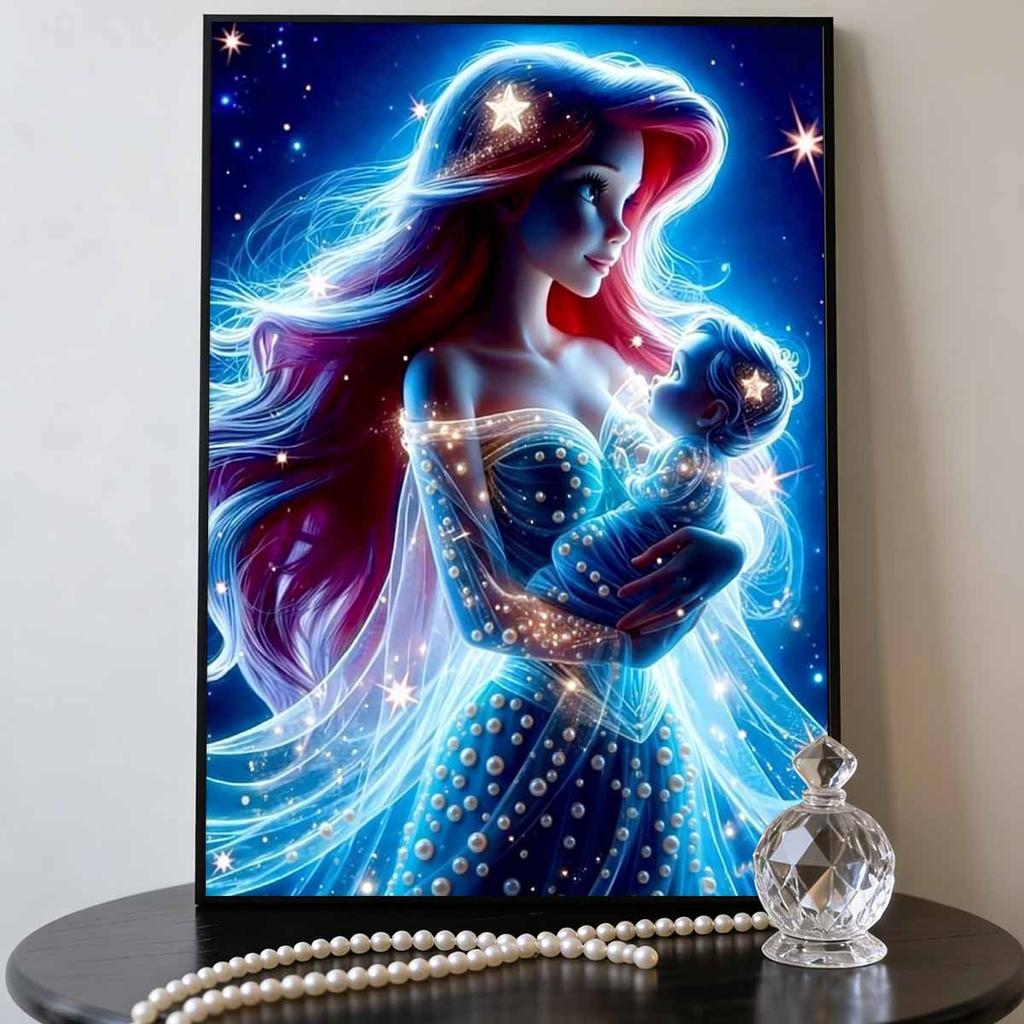 Pearl Inlaid Ariel Holding Baby Craft Painting Parent-child Theme Fantasy Starry Sky Starlight Element Handmade Art Painting