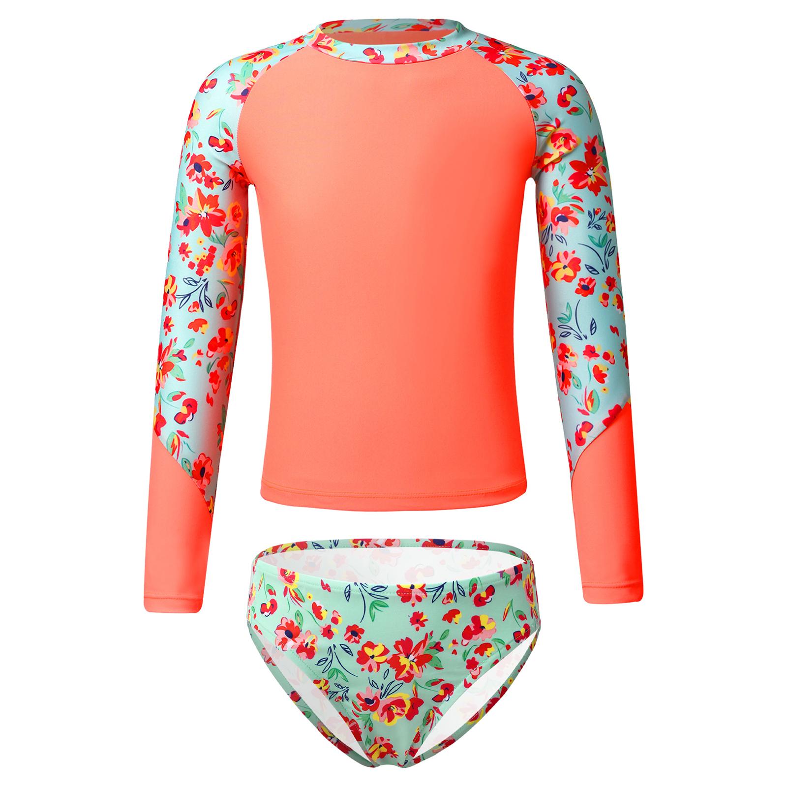 

Комплект для плавания с длинным рукавом для девочек, топ рашгард с принтом и имитацией воротника-стойки, плавки, защита от солнца UPF 50, пляжный/бассейновый наряд 5-6 Years оранжевый