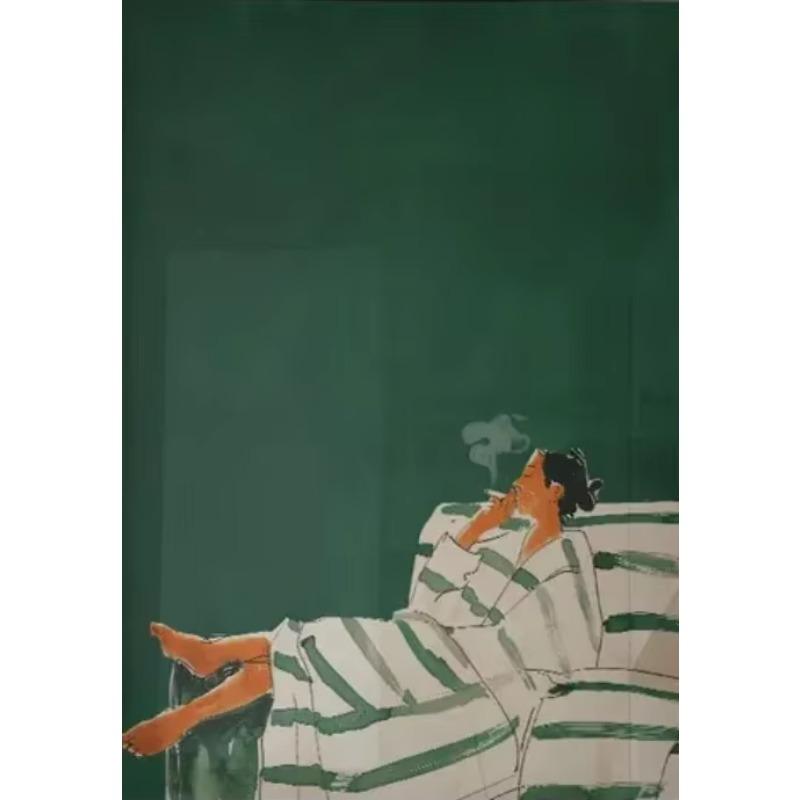 Nordischer Stil Smaragdgrüne Streifen Lässiges Mädchen Leinwand Wandkunst Moderne Abstrakte Weibliche Minimalistische Poster für Heimdekoration