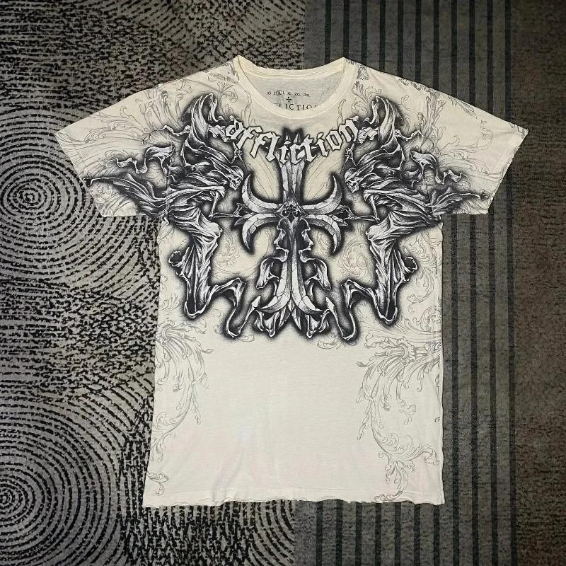 Y2K Red Gothic Thorn Totem Printing Harajuku Style T Shirt High Street Broken Feeling Mens Short Sleeves Couple Collocation