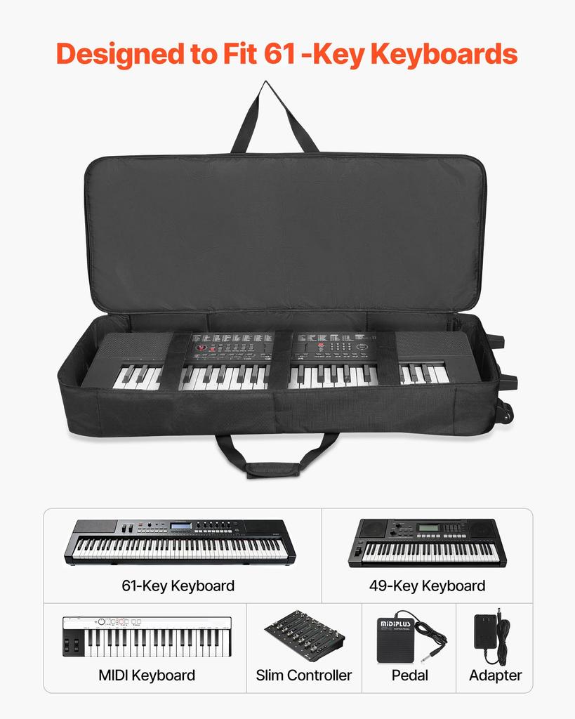 VEVOR 88 Key Keyboard Case, 1040 x 430 x 130 mm Interior, Padded Rolling Piano Case with Wheels, Sturdy Handle, 3-Pocket Storage