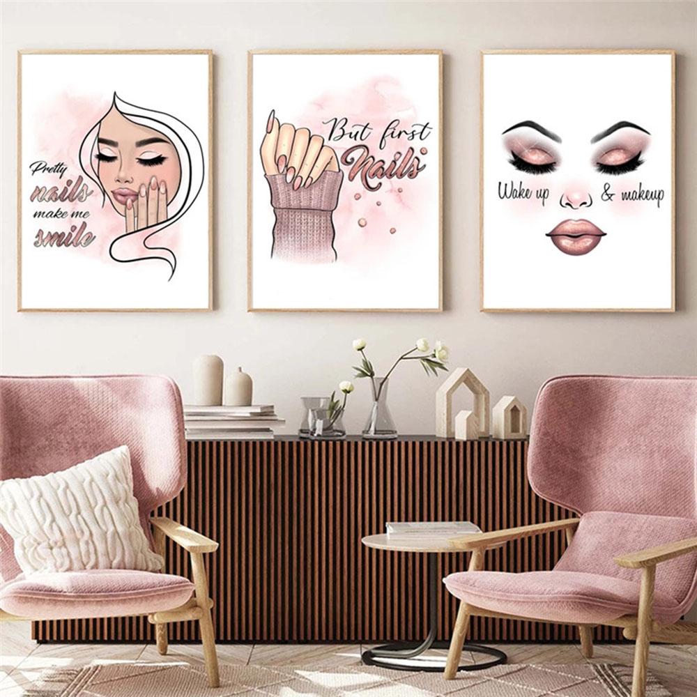 Fashion Women Make Up Wall Art Poster and Prints Nail Rouge Lips Modern Canvas Painting Pink Picture Decoration Office Gift Art