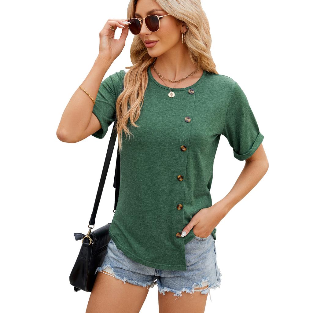 Europe, America Spring and Summer New Solid Color Round Neck Button Irregular Hem Short Sleeve T-shirt