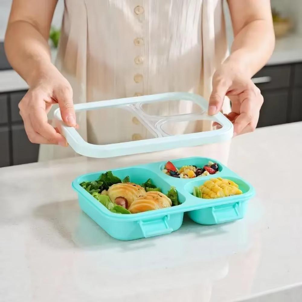 With Tableware Macaron Color Lunchbox with Tableware Leakproof Camping Food Container Compartment Plastic 3 Grid Lunchbox