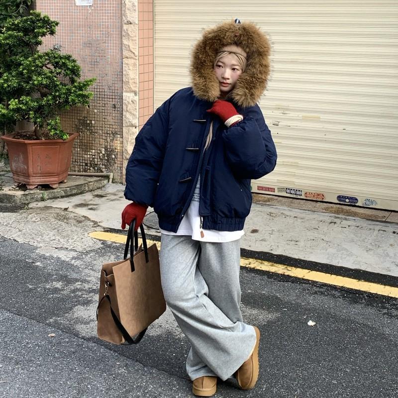 Womens Oversized Hooded Cotton Coat With Faux Fur Collar Button Front Loose Fit Winter Warm Jacket